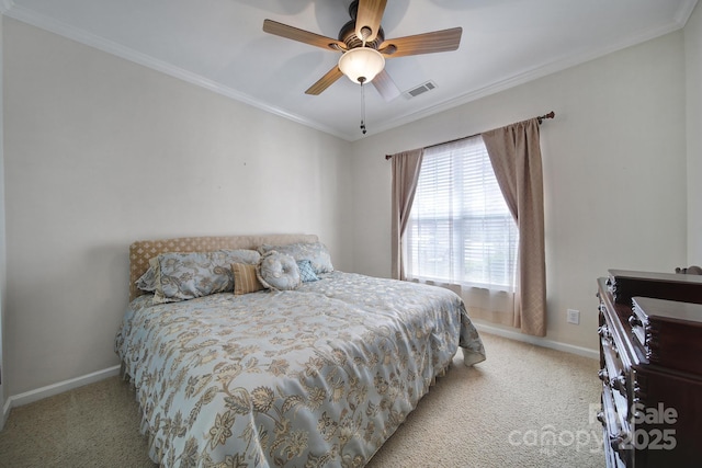 bedroom with light carpet, baseboards, visible vents, and ornamental molding