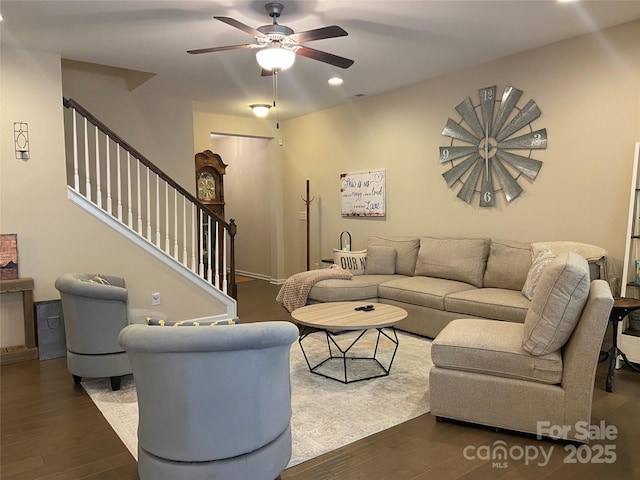 living area with recessed lighting, stairs, hardwood / wood-style flooring, and ceiling fan