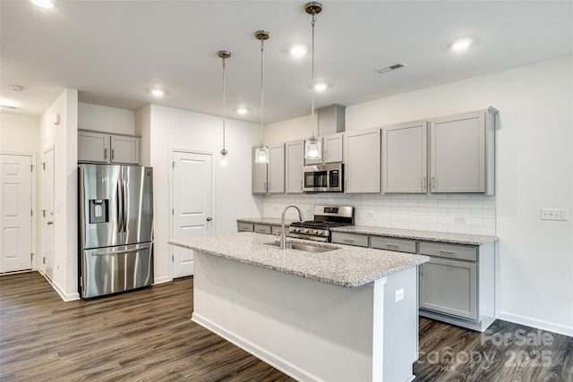 kitchen with visible vents, dark wood finished floors, backsplash, gray cabinetry, and appliances with stainless steel finishes