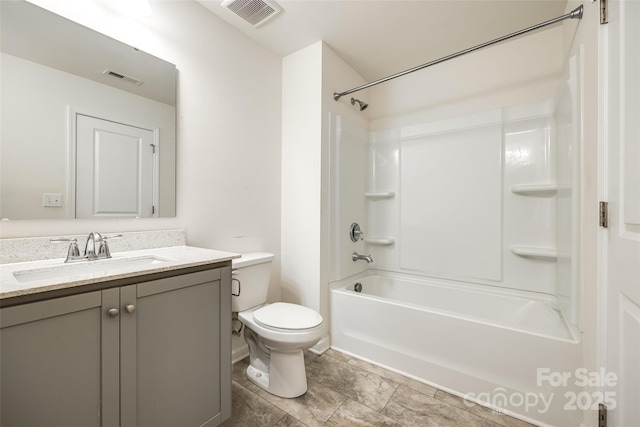 full bathroom featuring vanity, toilet,  shower combination, and visible vents