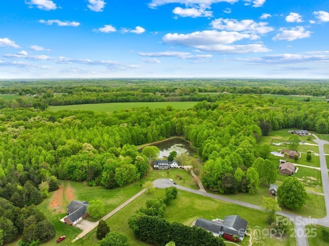 drone / aerial view with a wooded view