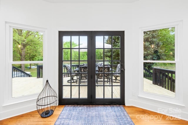 doorway featuring baseboards and wood finished floors