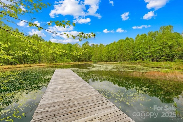 view of dock with a forest view and a water view