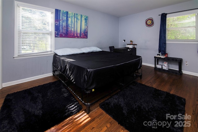 bedroom featuring wood finished floors, baseboards, and multiple windows