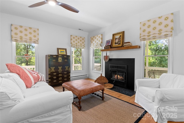 109 Paradise Cir, Clyde, NC 28721 - living area with baseboard heating, wood finished floors, ceiling fan, and a fireplace with flush hearth