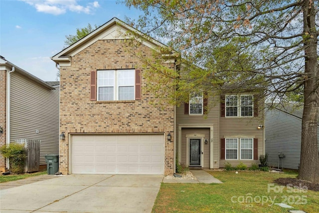 traditional-style home featuring an attached garage, a front yard, brick siding, and concrete driveway