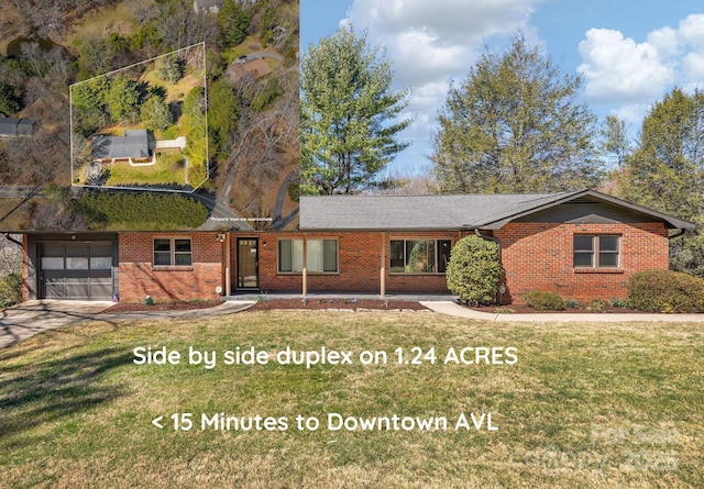 ranch-style house with driveway, a front yard, and brick siding