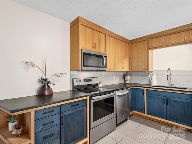 kitchen with open shelves, decorative backsplash, a sink, dark countertops, and appliances with stainless steel finishes