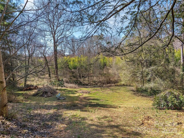 view of yard featuring a forest view