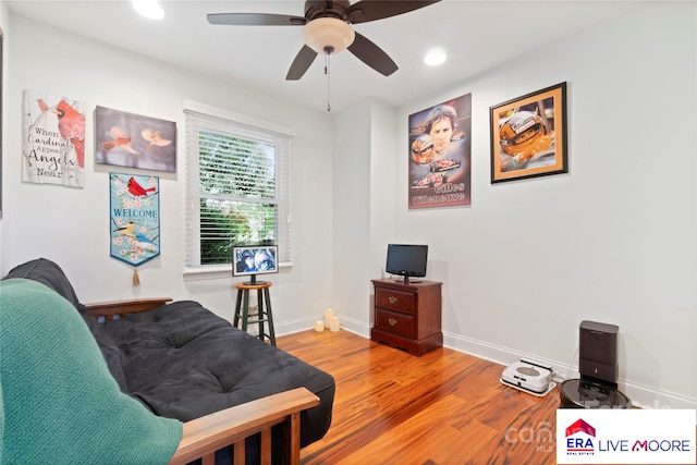 office featuring baseboards, a ceiling fan, wood finished floors, and recessed lighting