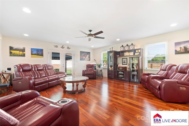 living area with recessed lighting, wood finished floors, and ceiling fan