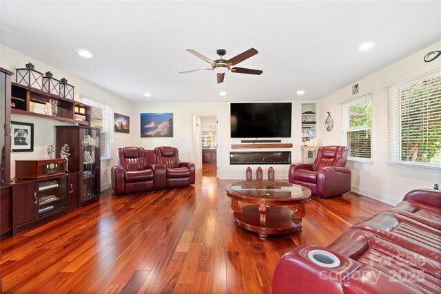 552 Odell School Rd, Concord, NC 28027 - living room featuring ceiling fan, dark wood-type flooring, recessed lighting, and baseboards