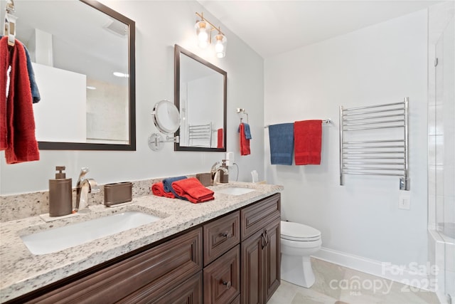 552 Odell School Rd, Concord, NC 28027 - full bathroom featuring radiator, toilet, double vanity, a shower, and tile patterned flooring