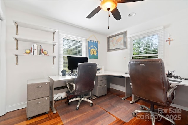 552 Odell School Rd, Concord, NC 28027 - office with a ceiling fan, healthy amount of natural light, dark wood-style floors, and baseboards