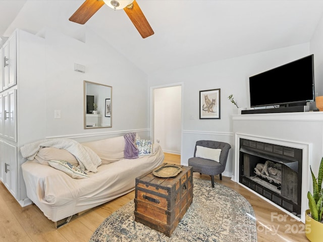 2214 Olde Chantilly Ct, Charlotte, NC 28205 - living room with a ceiling fan, lofted ceiling, light wood-style floors, and a fireplace