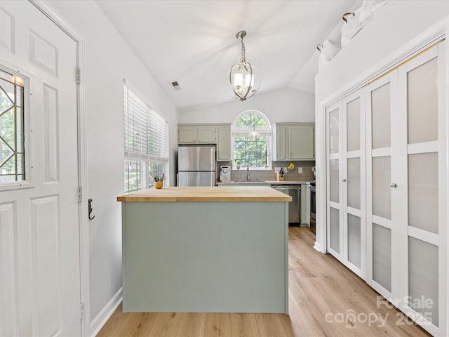 2214 Olde Chantilly Ct, Charlotte, NC 28205 - kitchen with appliances with stainless steel finishes, wood counters, a sink, light wood-style flooring, and decorative backsplash
