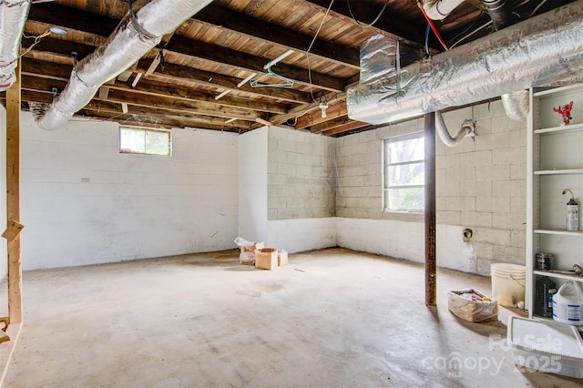 basement with concrete block wall and a wealth of natural light
