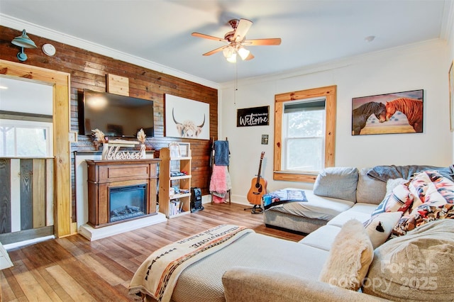 living area with a glass covered fireplace, ornamental molding, a ceiling fan, and wood finished floors