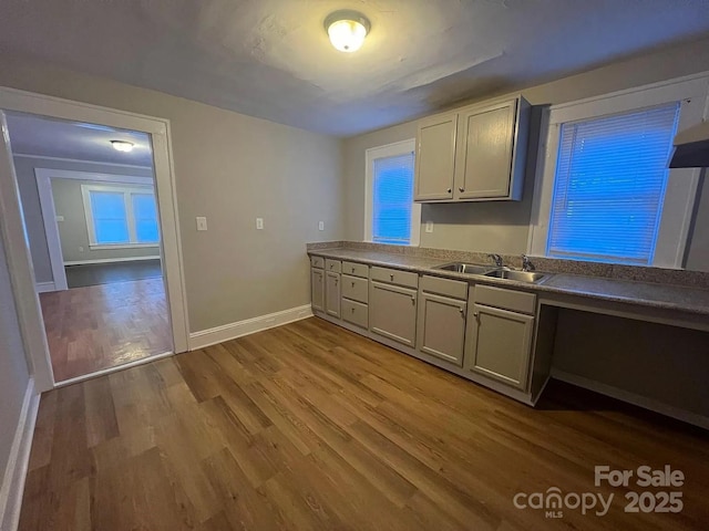 kitchen featuring a sink, baseboards, and wood finished floors