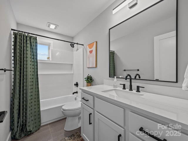 full bath with visible vents, toilet, shower / bath combination with curtain, and vanity