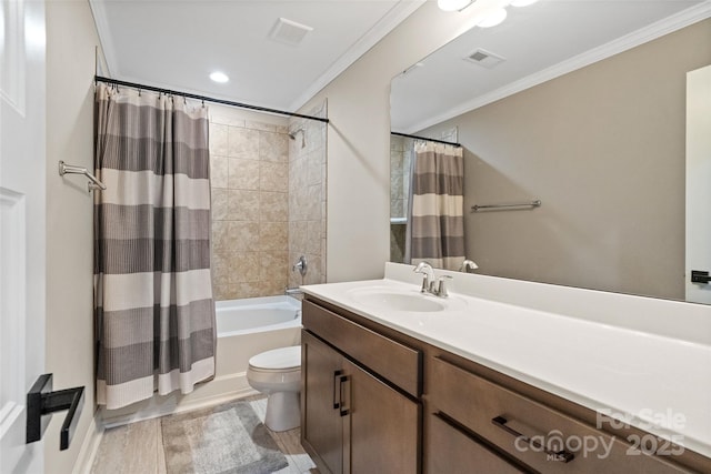 10270 Lakeshore Dr, Lancaster, SC 29720 - bathroom featuring vanity, toilet, shower / bath combination with curtain, visible vents, and ornamental molding