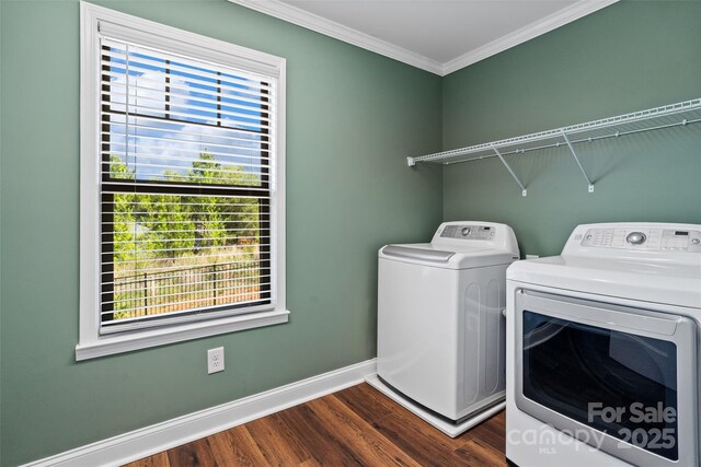 10270 Lakeshore Dr, Lancaster, SC 29720 - washroom featuring crown molding, laundry area, dark wood finished floors, baseboards, and washer and clothes dryer