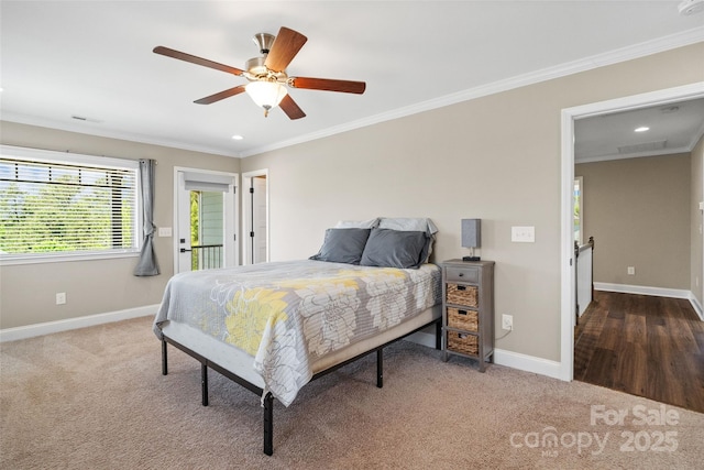 10270 Lakeshore Dr, Lancaster, SC 29720 - bedroom featuring visible vents, baseboards, carpet floors, ornamental molding, and recessed lighting