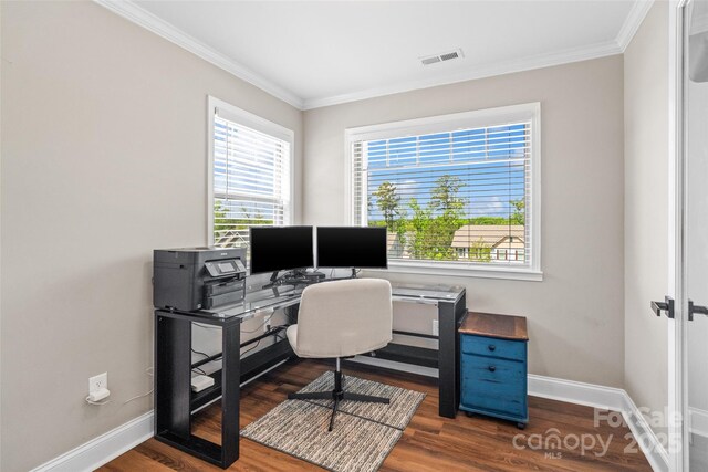 10270 Lakeshore Dr, Lancaster, SC 29720 - office space featuring visible vents, ornamental molding, dark wood-style flooring, and baseboards