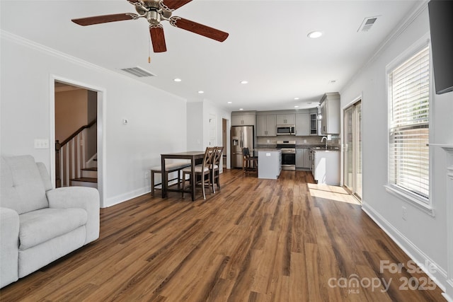 10270 Lakeshore Dr, Lancaster, SC 29720 - living area featuring a ceiling fan, visible vents, recessed lighting, and dark wood-type flooring