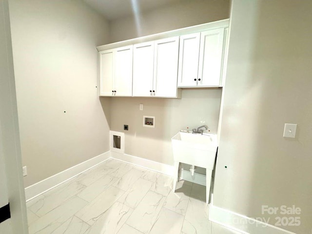 laundry room featuring marble finish floor, baseboards, hookup for a washing machine, electric dryer hookup, and cabinet space