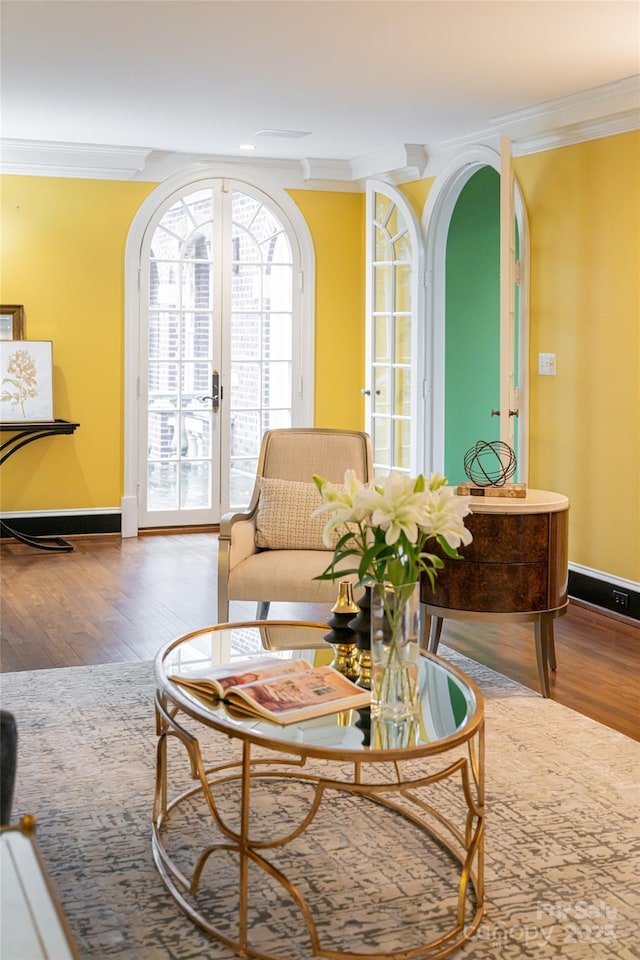 31 Busbee Rd, Asheville, NC 28803 - living room featuring french doors, baseboards, crown molding, and wood finished floors