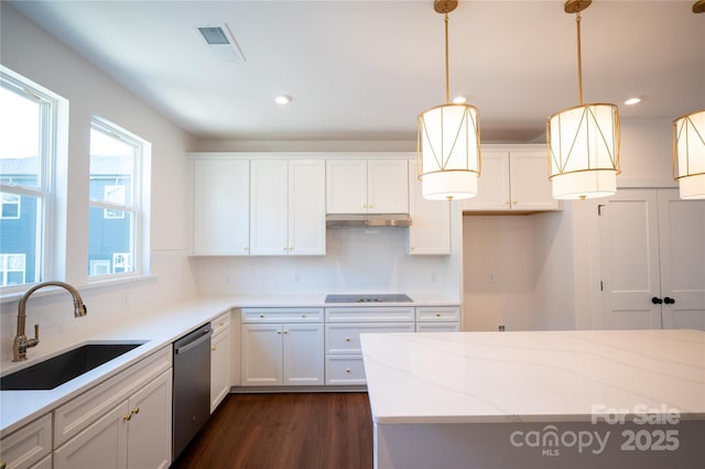 kitchen with a sink, stainless steel dishwasher, dark wood-style floors, under cabinet range hood, and white cabinets