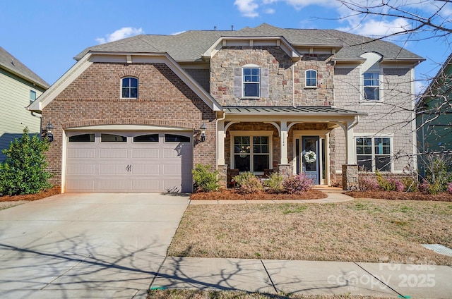 11144 Limehurst Pl, Charlotte, NC 28278 - view of front of property featuring concrete driveway, covered porch, brick siding, a shingled roof, and a garage