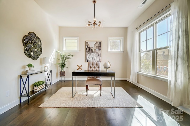 11144 Limehurst Pl, Charlotte, NC 28278 - office area with plenty of natural light, a chandelier, and dark wood-style floors
