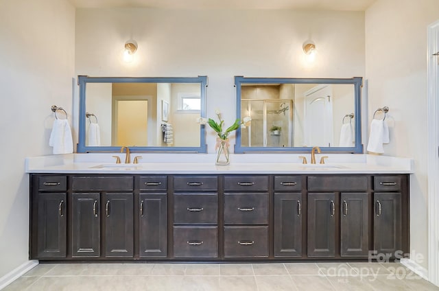 11144 Limehurst Pl, Charlotte, NC 28278 - full bath featuring double vanity, a shower stall, and tile patterned floors