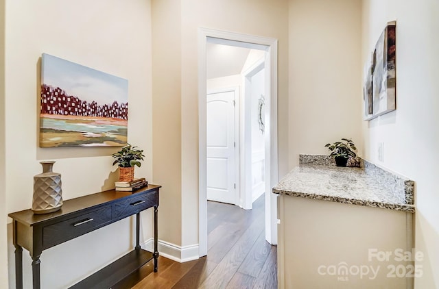 11144 Limehurst Pl, Charlotte, NC 28278 - hallway featuring dark wood-style flooring and baseboards