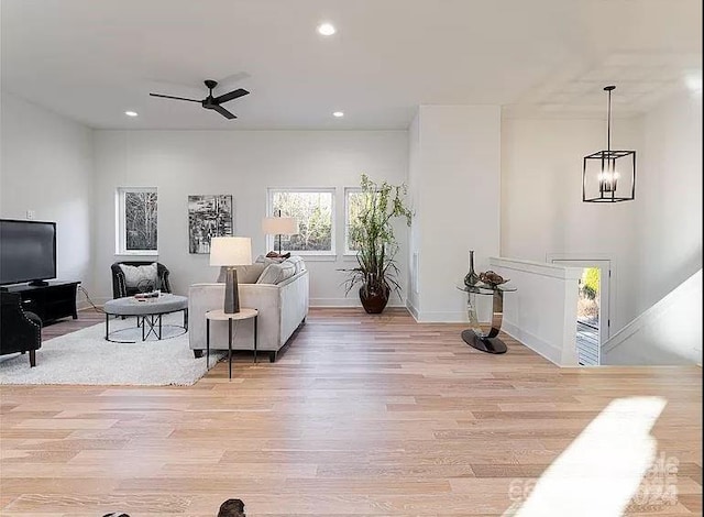 15 Macallan Ln Unit 21, Asheville, NC 28805 - living area with ceiling fan with notable chandelier, light wood-style floors, baseboards, and recessed lighting