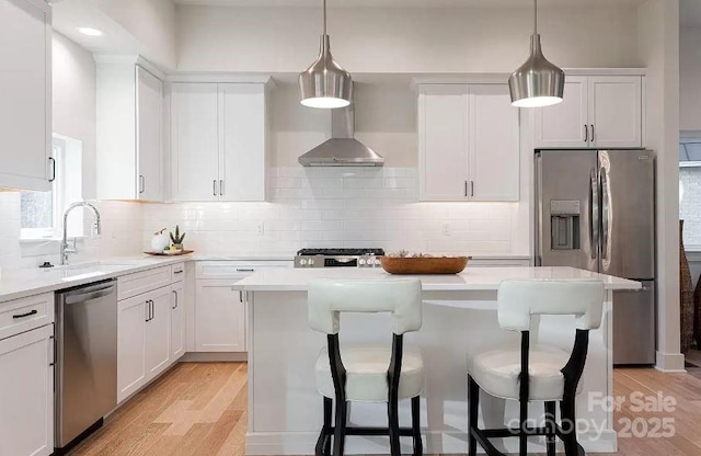 15 Macallan Ln Unit 21, Asheville, NC 28805 - kitchen featuring wall chimney exhaust hood, stainless steel appliances, a kitchen island, a sink, and light wood-type flooring