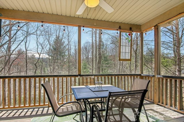 sunroom / solarium featuring ceiling fan and outdoor dining area