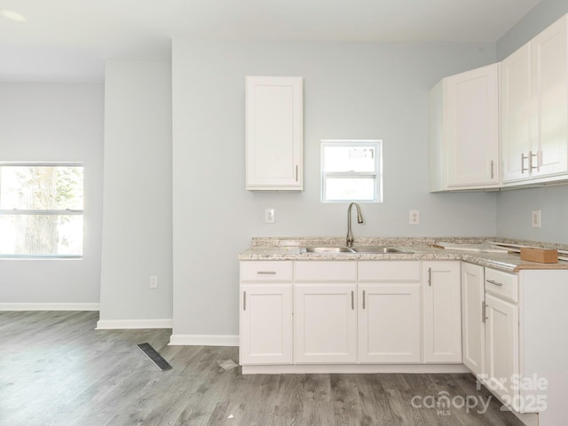 108 Graham St, Chester, SC 29706 - kitchen featuring a sink, light wood-type flooring, a healthy amount of sunlight, and white cabinets