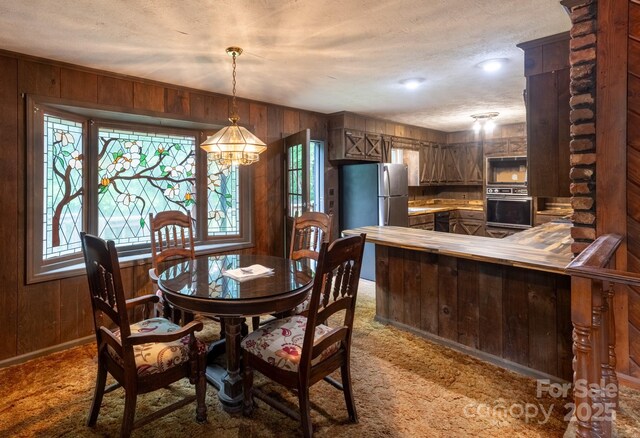 2610 Indian Grave Rd, Lenoir, NC 28645 - carpeted dining area with wooden walls, a textured ceiling, and baseboards