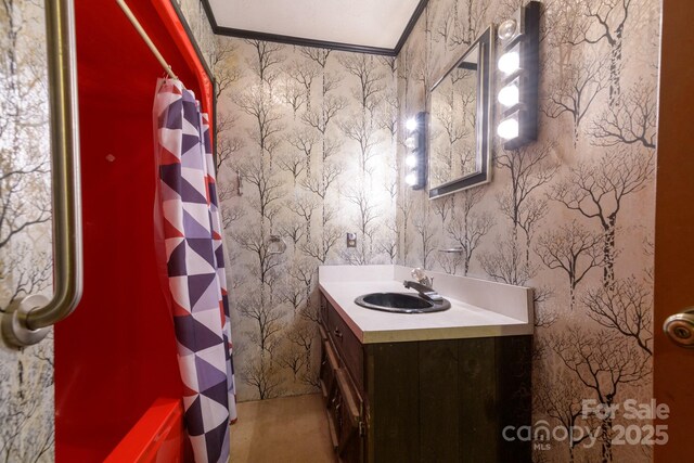 2610 Indian Grave Rd, Lenoir, NC 28645 - bathroom with vanity, wallpapered walls, and a shower with curtain