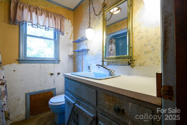 2610 Indian Grave Rd, Lenoir, NC 28645 - full bathroom with toilet, vanity, wallpapered walls, a shower with curtain, and ornamental molding