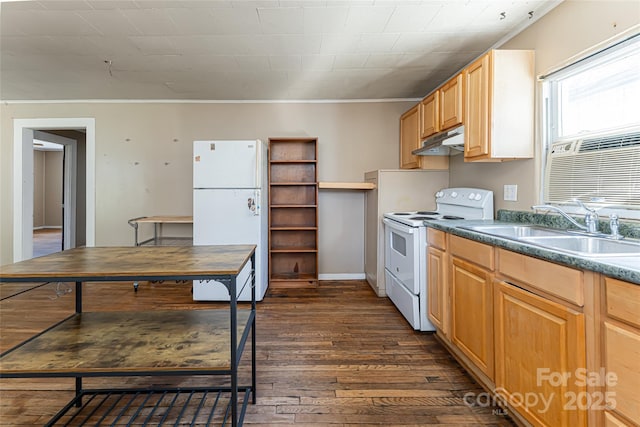 kitchen with white appliances, dark countertops, dark wood finished floors, under cabinet range hood, and a sink