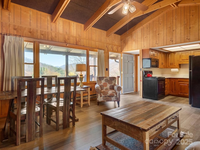 58 Country Cottage Ln, Canton, NC 28716 - living area featuring light wood-style flooring, wooden walls, beamed ceiling, and a ceiling fan