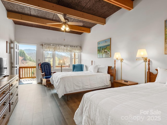 58 Country Cottage Ln, Canton, NC 28716 - bedroom featuring access to exterior, a ceiling fan, and beam ceiling