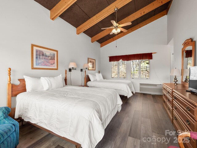 58 Country Cottage Ln, Canton, NC 28716 - bedroom featuring high vaulted ceiling, dark wood-type flooring, a ceiling fan, and beam ceiling