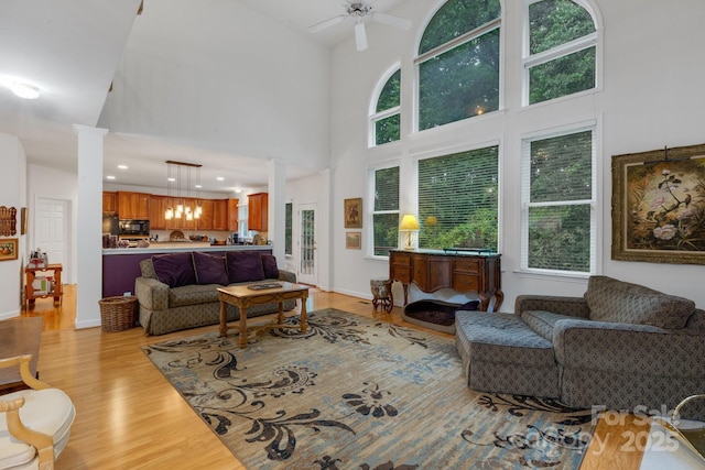 1102 High Brook Dr, Waxhaw, NC 28173 - living area with light wood-type flooring, ornate columns, healthy amount of natural light, and high vaulted ceiling