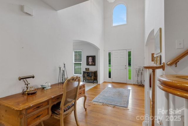 1102 High Brook Dr, Waxhaw, NC 28173 - entrance foyer with plenty of natural light, light wood finished floors, arched walkways, and a high ceiling