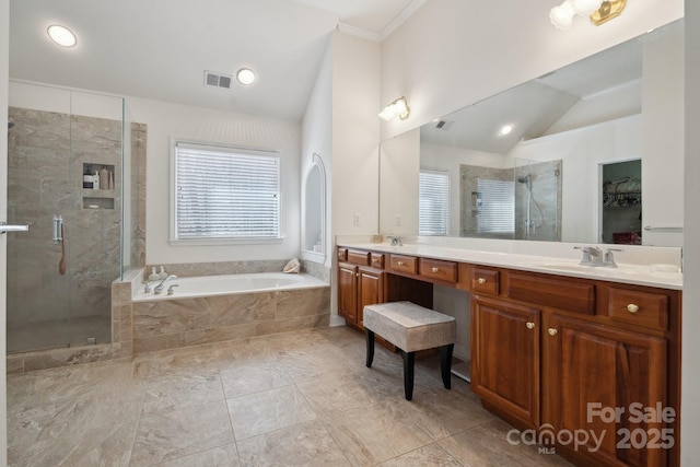 1102 High Brook Dr, Waxhaw, NC 28173 - full bathroom featuring a garden tub, a stall shower, plenty of natural light, double vanity, and vaulted ceiling